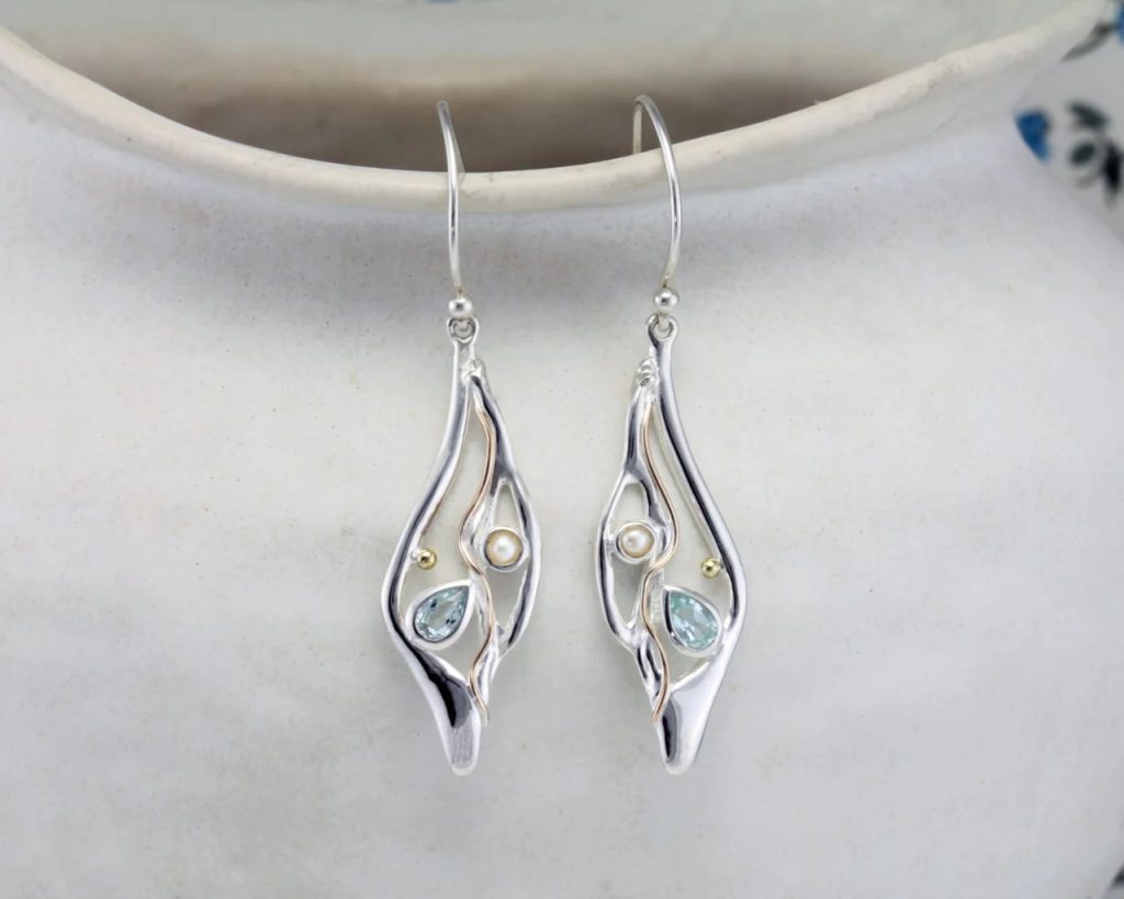 gw ear 001 sculptural leaf drop earrings pearl blue topaz detail ceramic