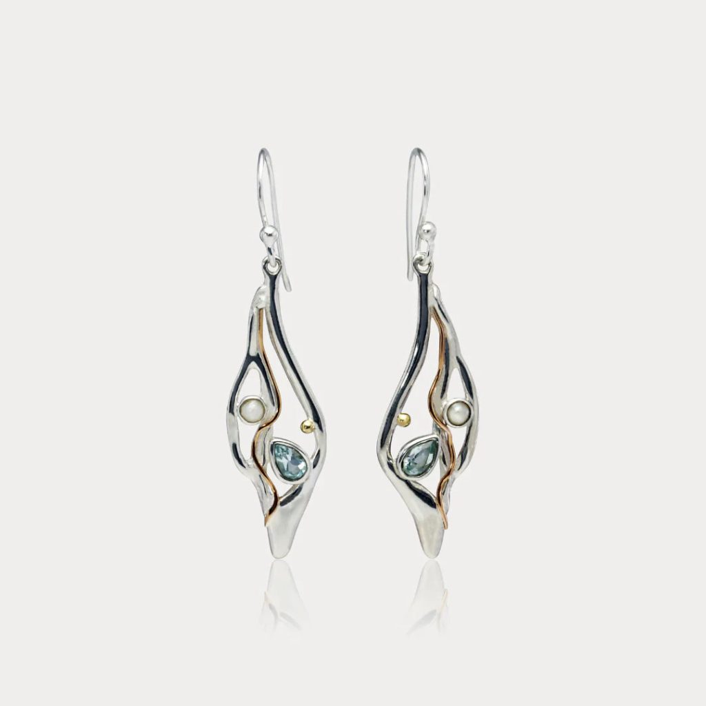 gw ear 001 sculptural leaf drop earrings pearl blue topaz main