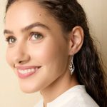 gw ear 001 sculptural leaf drop earrings pearl blue topaz model portrait