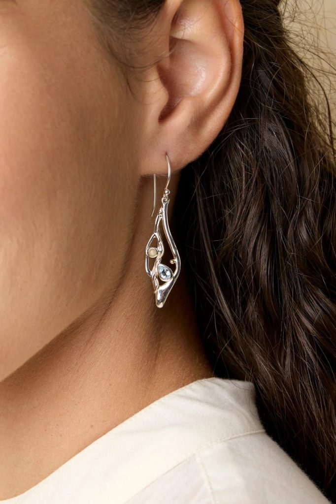 gw ear 001 sculptural leaf drop earrings pearl blue topaz model side