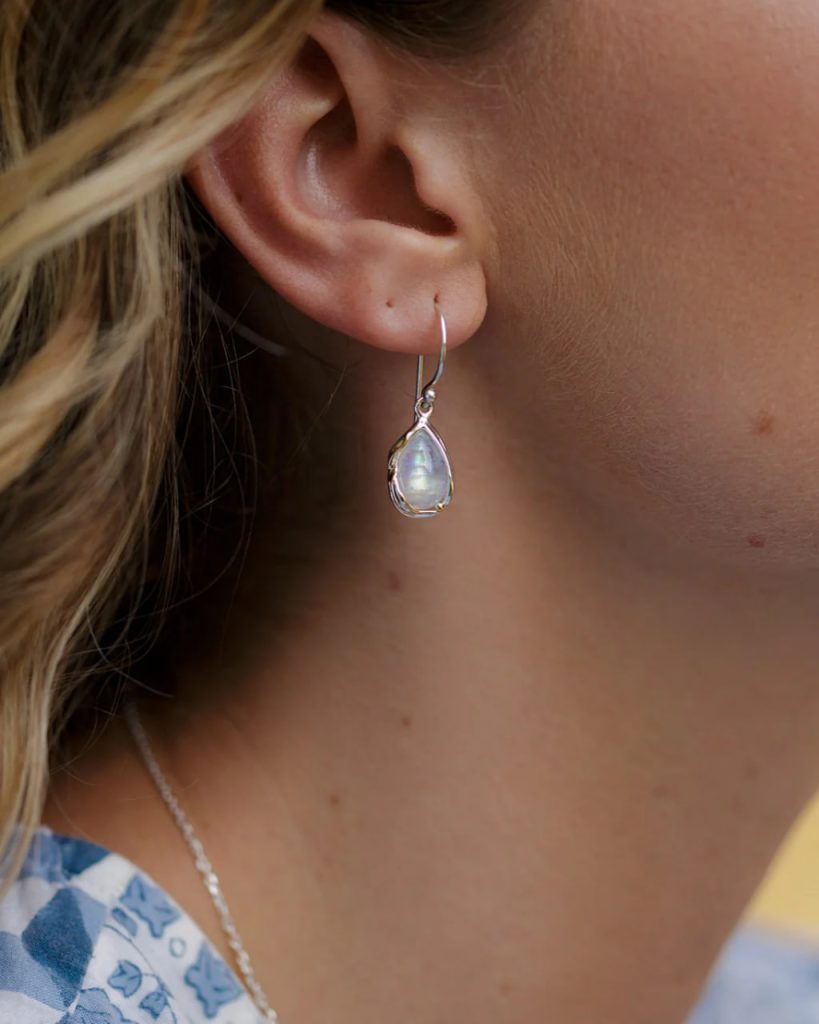 gw ear 002 teardrop earrings rainbow moonstone model side