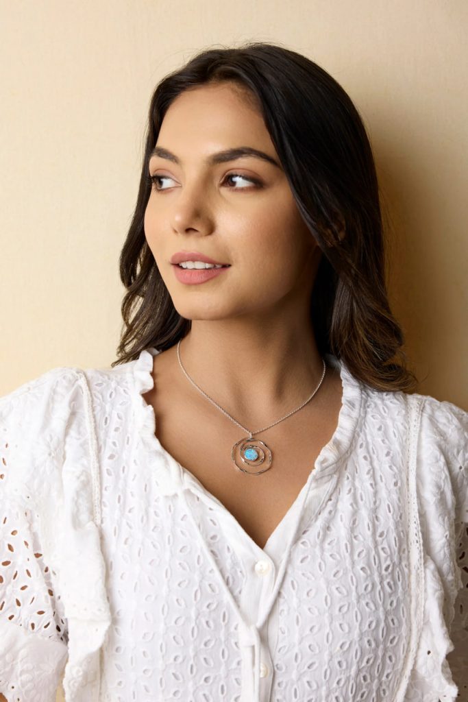 gw pnd 001 spiral pendant blue opal model portrait