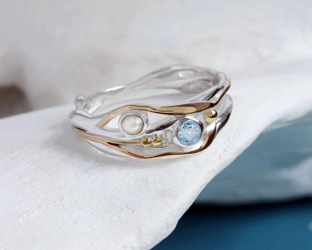 gw rng 001 sculptural statement ring pearl blue topaz styled stone
